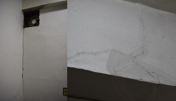 ▲서울캠퍼스 인문사회관 C동의 내부 벽면에 발생한 균열(왼쪽)과 임시 보수 작업이 진행된 천장 균열(오른쪽)의 모습