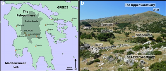 <메갈로폴리스의 지도와 고대 유적지, 출처 위키피디아>