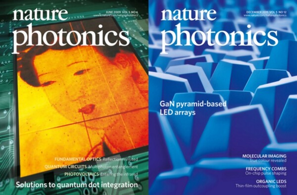 ▲동문이 소개된 과학 전문지 『네이처(Nature)』표지 (좌측부터)2009년, 2011년/ 출처: Nature Photonics