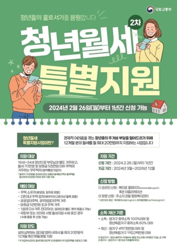 ▲청년월세 특별지원 2차 사업 신청 포스터/출처: 국토교통부